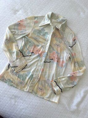 70's Blouse - Shirt - Funky Pastel Flowers - Size Small